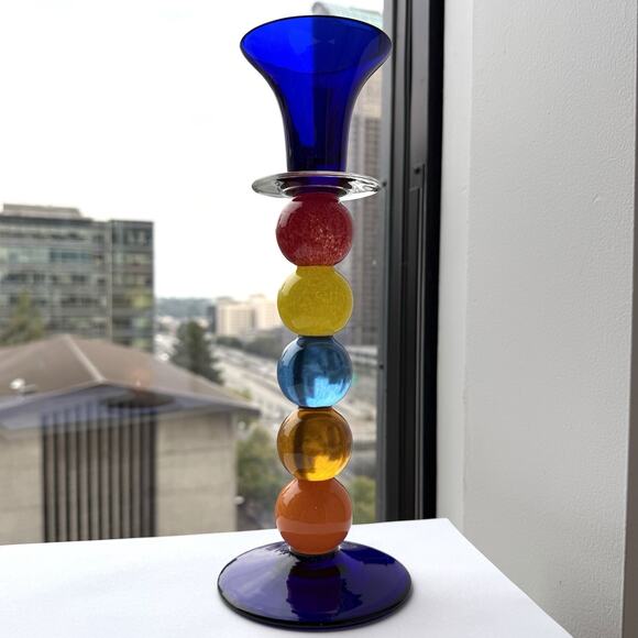 Jiri Suhajek Czech Moser Studio Art Glass Candlestick 10 1/2" - Colorful Rainbow - Picture 2 of 11